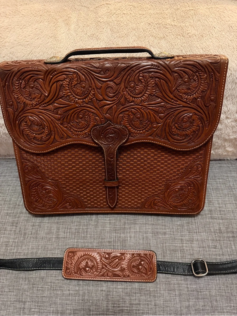 Premium Tooled Leather Crossbody Briefcase - Brown